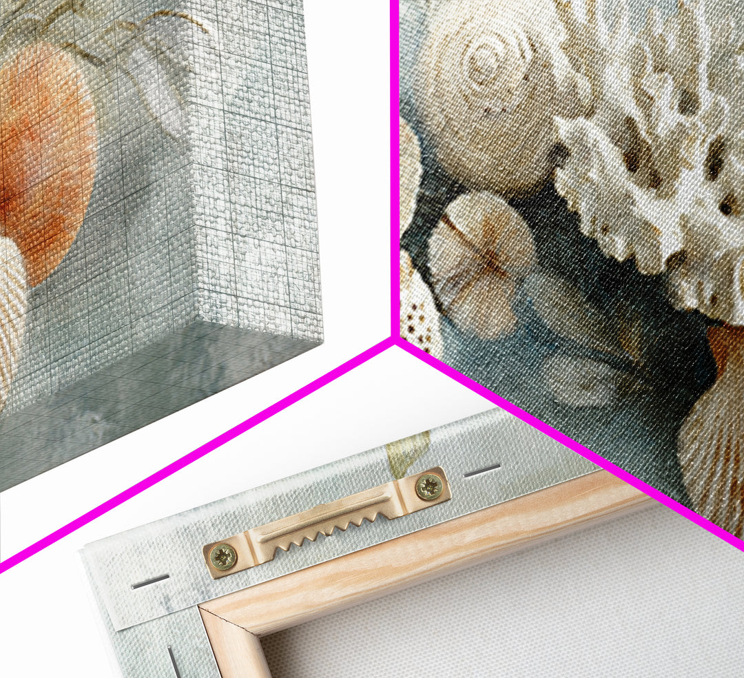 Coral and Shell Arrangement Framed Canvas Print, Bathroom Art, Wall Hanging, Bathroom Decor, Fine Art, Spa, Modern Art, BAT-2x1-55