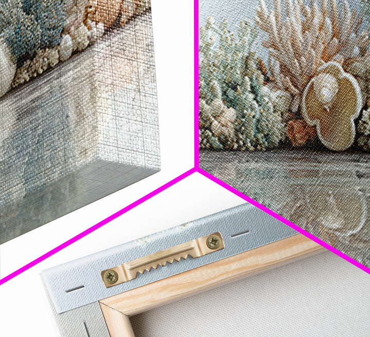 Coral and Shell Arrangement Framed Canvas Print, Bathroom Art, Bathroom Accessories, Bathroom Decor, Spa, Fine Art Print, BAT-2x1-79