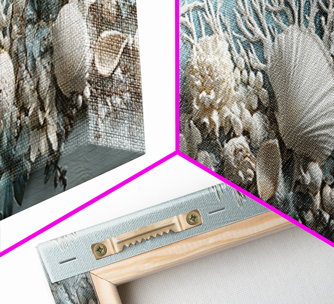 Coral and Shell Arrangement Framed Canvas Print, Bathroom Art, Wall Art, Bathroom Decor, Fine Art, Spa, Dog Portrait, BAT-3x1-51