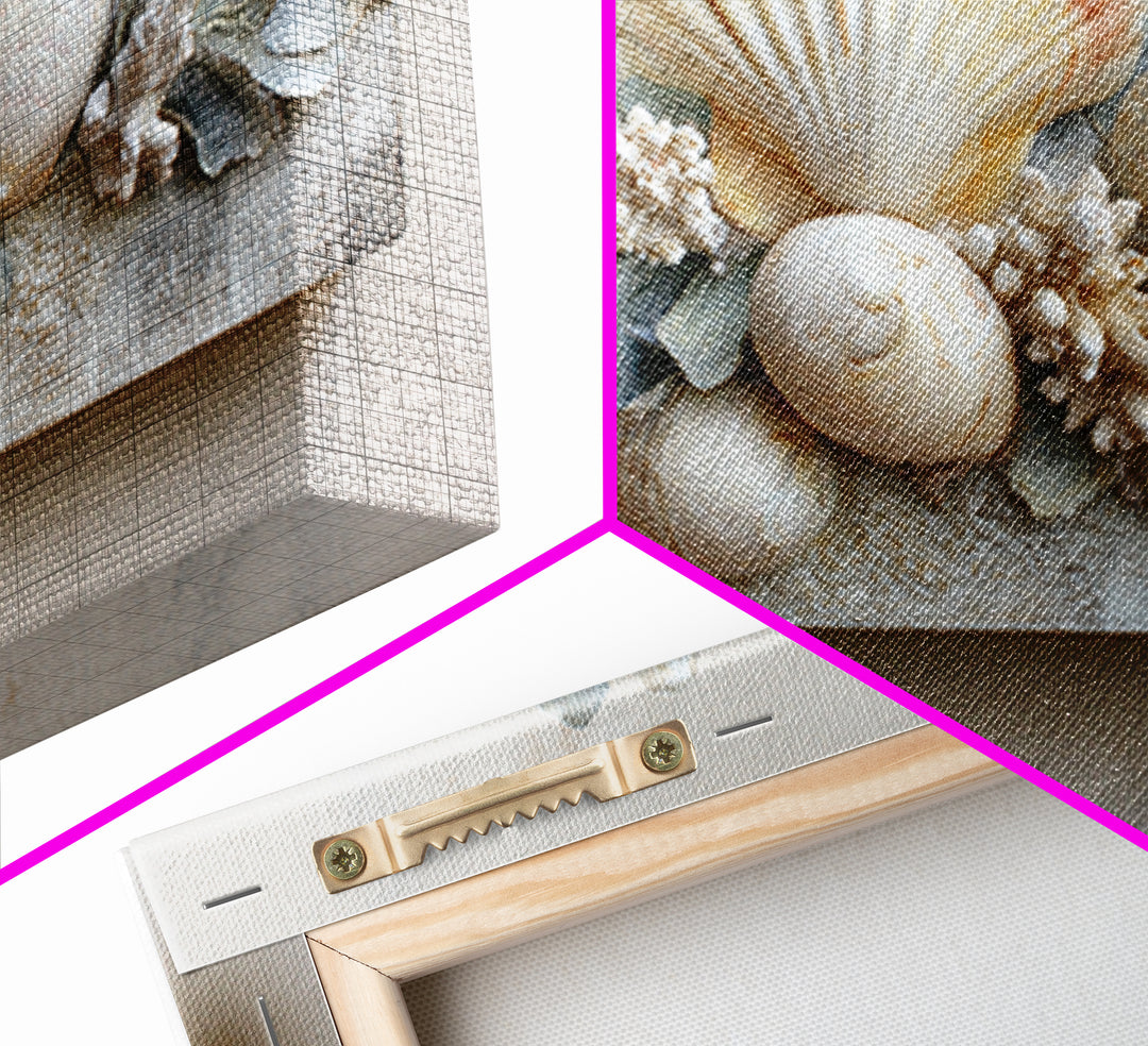 Coral and Shell Arrangement Framed Canvas Print, Bathroom Art, Minimalist Decor, Bathroom Decor, Fine Art, Spa, Wall Hanging, BAT-3x2-15