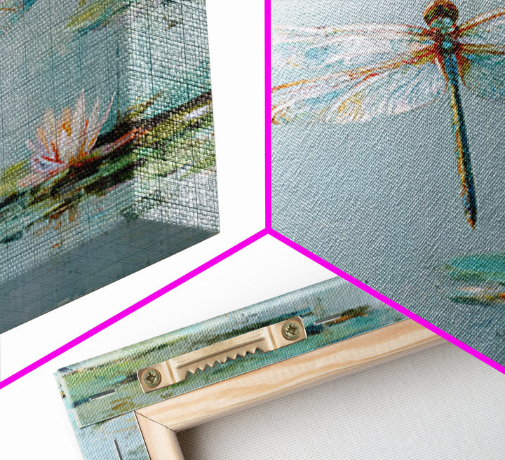 Delicate Dragonfly Above a Pond Surface Framed Canvas Print, Bathroom Art, Home Decor, Bathroom Decor, Fine Art, Spa, BAT-3x2-28