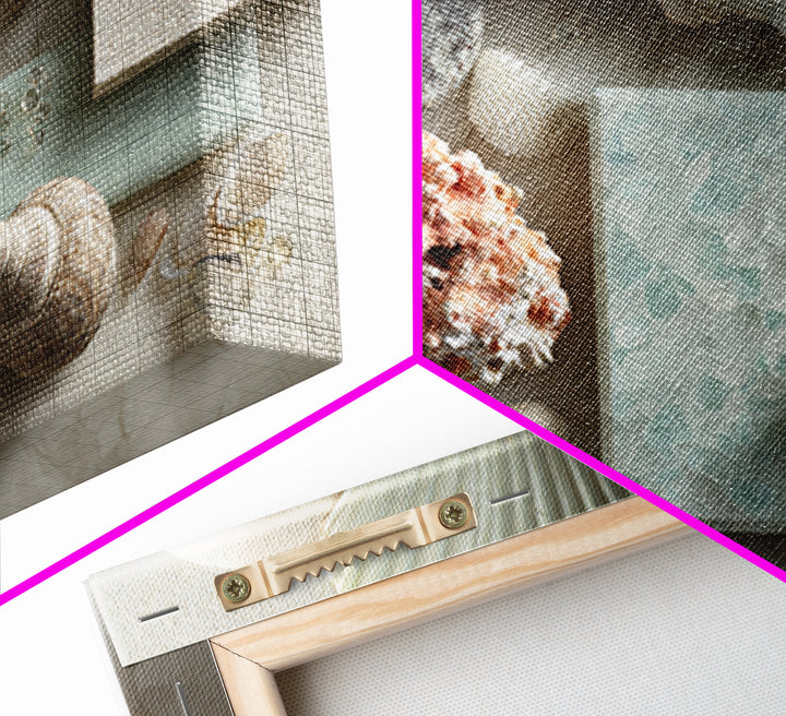 Coral and Shell Arrangement Framed Canvas Print, Bathroom Art, Contemporary Art, Bathroom Decor, Fine Art, Spa, Framed Wall Art, BAT-3x2-63