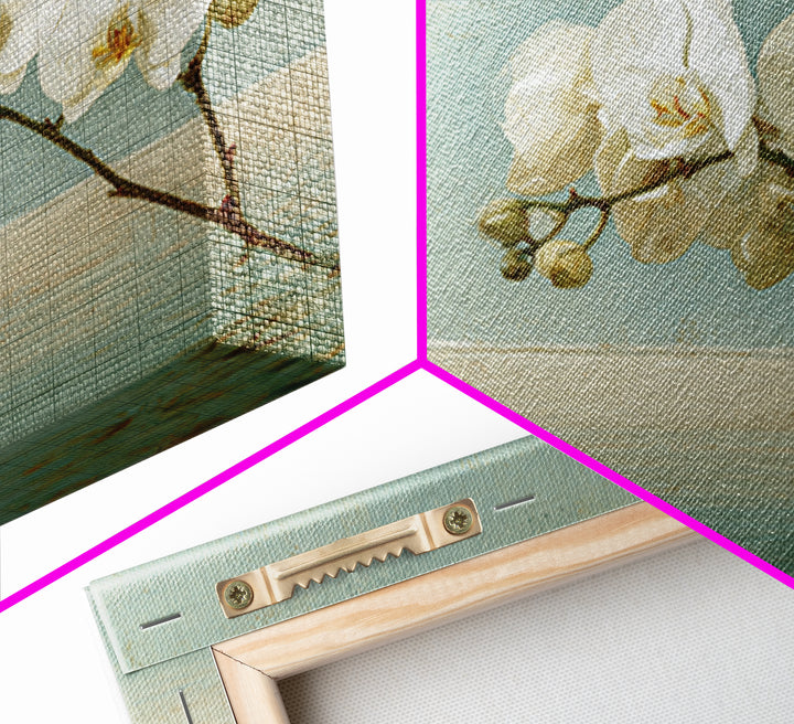 White Orchid on Warm Stone Background Framed Canvas Print, Bathroom Art, Poster, Bathroom Decor, Oil Painting, Spa, BAT-3x2-8