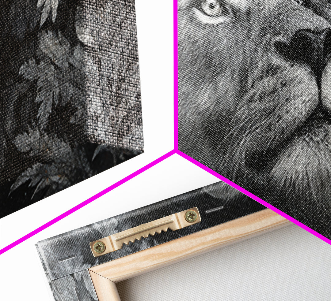 Dramatic Black and White Lion Portrait Framed Canvas Print, Black and White Art, Wood Wall Art, Living Room Decor, Monochrome, BAW-2x1-85