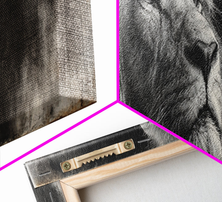 Dramatic Black and White Lion Portrait Framed Canvas Print, Black and White Art, Cabin Decor, Living Room Decor, Monochrome, BAW-3x1-57