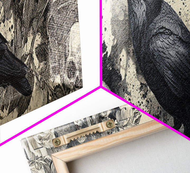 Ink Splatter Raven Composition Framed Canvas Print, Black and White Art, Halloween Decor, Living Room Decor, Monochrome, BAW-3x1-84