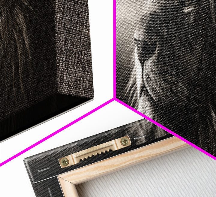 Dramatic Black and White Lion Portrait Framed Canvas Print, Black and White Art, Wood Wall Art, Living Room Decor, Monochrome, BAW-3x1-9