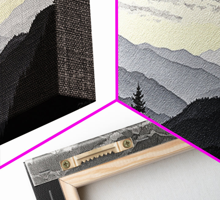 Black Ink Mountain Range Framed Canvas Print, Black and White Art, Photography Prints, Living Room Decor, Watercolor Art, BAW-3x1-90