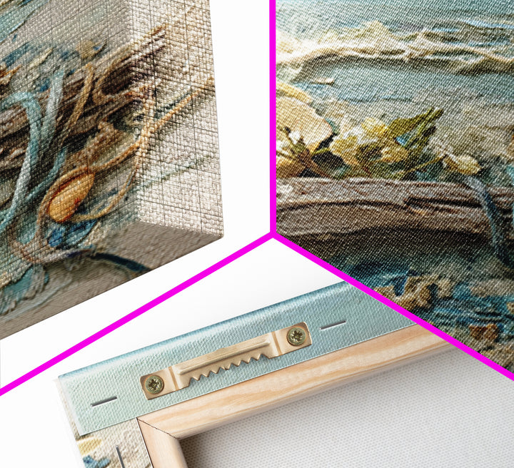 Driftwood and Wildflowers on Sand Framed Canvas Print, Beach Art, Coastal Decor, Oil Painting, Shore, Boho Decor, BEA-1x1-46