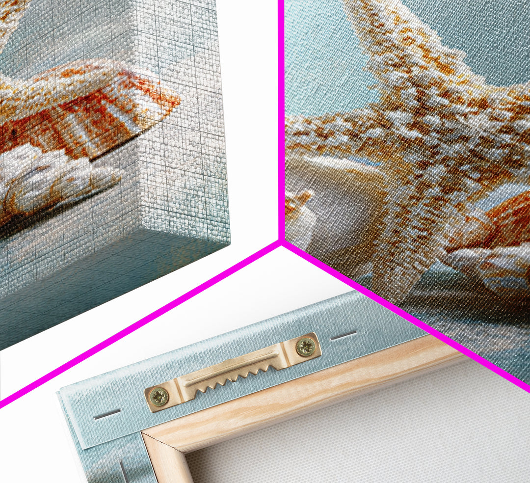Sun Bleached Starfish and Shells Still Life Framed Canvas Print, Beach Art, Coastal Decor, Oil Painting, Shore, BEA-2x3-21