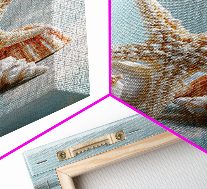 Sun Bleached Starfish and Shells Still Life Framed Canvas Print, Beach Art, Coastal Decor, Oil Painting, Shore, BEA-2x3-21