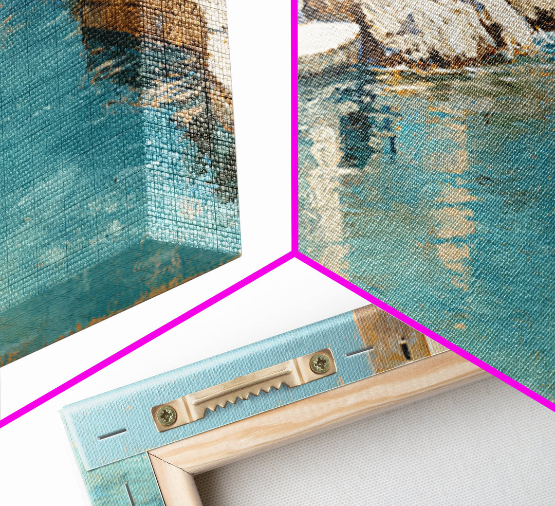 Mediterranean Cove with Clear Water Framed Canvas Print, Beach Art, Whimsical Decor, Coastal Decor, Shore, Beach Print, BEA-3x2-24