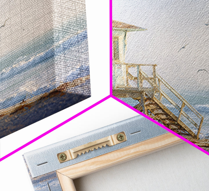 Quiet Lifeguard Tower at Golden Hour Framed Canvas Print, Beach Art, Coastal Decor, Oil Painting, Shore, Whimsical Decor, BEA-3x2-55