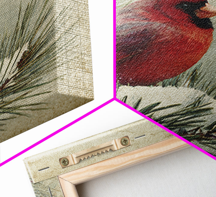 Red Cardinal on Snowy Pine Branch Framed Canvas Print, Bird Art, Nature Wall Art, Living Room Decor, Watercolor Art, Flight, BIR-1x1-1