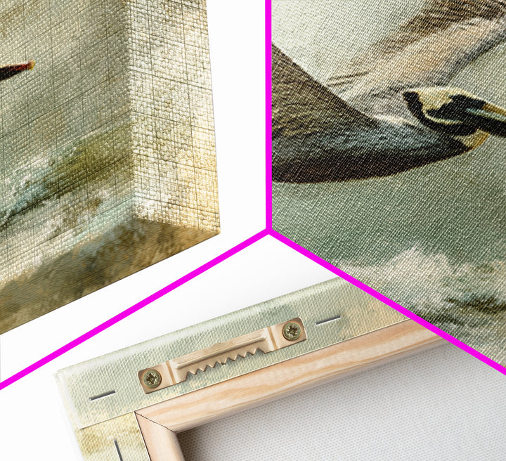 Pelican Flying over Coastal Waves Canvas Print, Bird Art, Modern Art, Living Room Decor, Fine Art, Flight, Floral Art, BIR-1x1-18