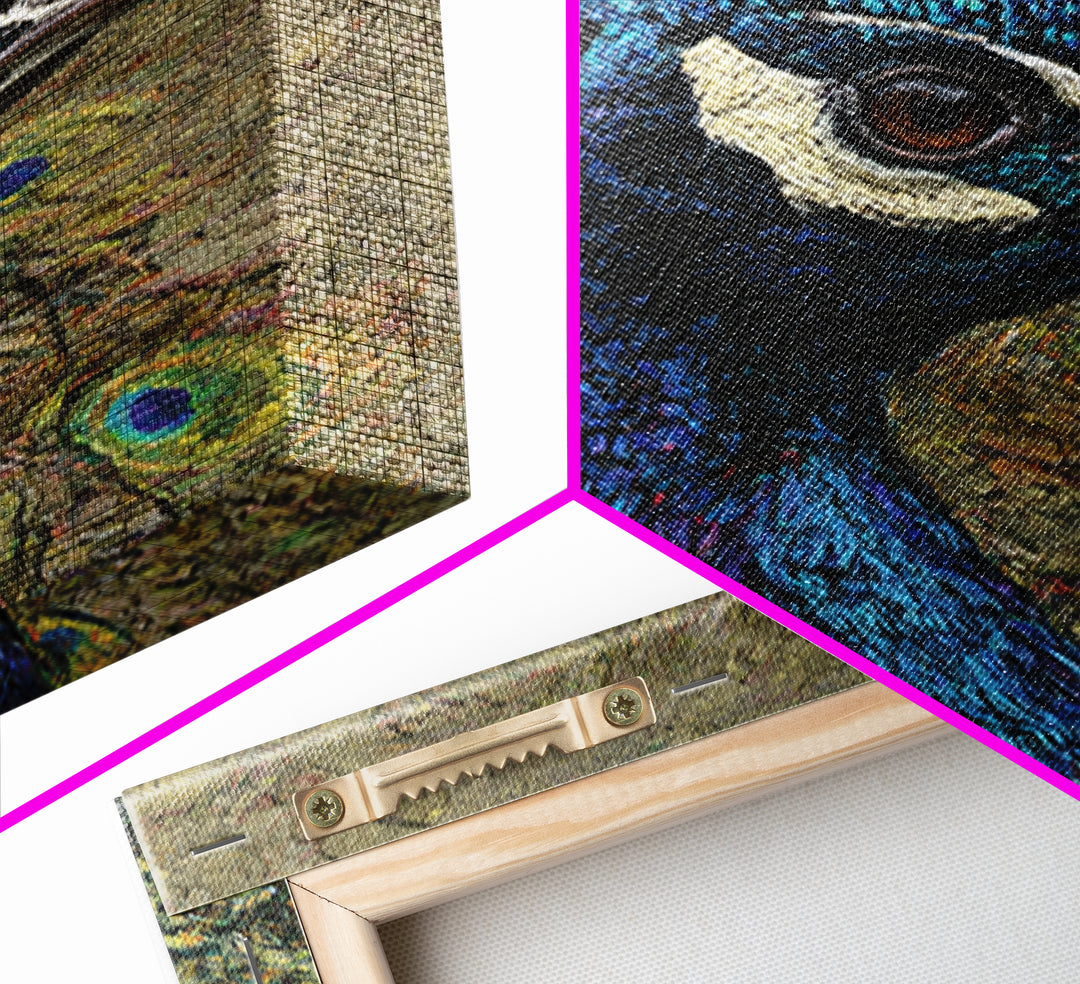 Peacock with Jewel Tone Feather Pattern Canvas Print, Bird Art, Modern Art, Living Room Decor, Fine Art, Flight, Floral Art, BIR-1x1-31