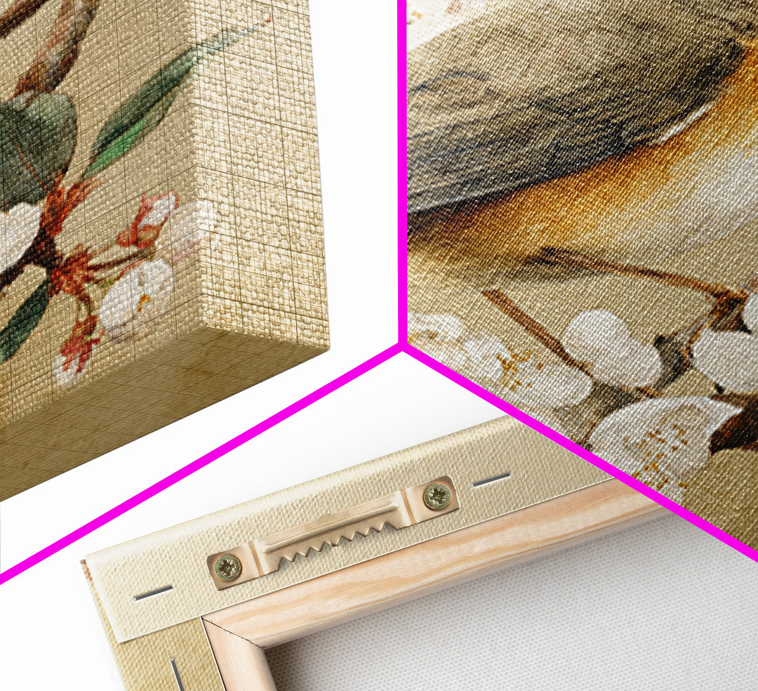 Songbird Perched on Cherry Blossoms Framed Canvas Print, Bird Art, Gallery Decor, Living Room Decor, Fine Art, Flight, BIR-1x1-32