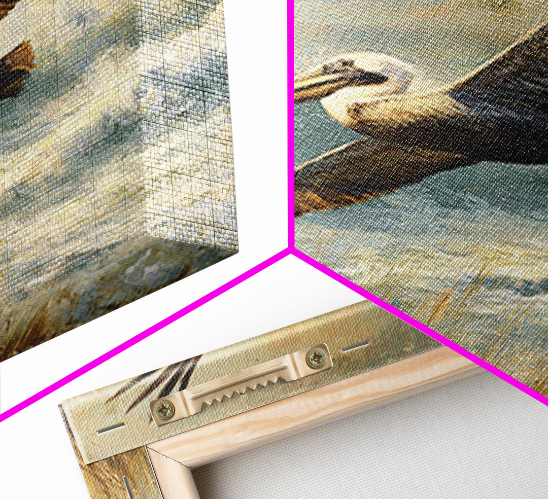 Pelican Flying over Coastal Waves Framed Canvas Print, Bird Art, Digital Download Art, Living Room Decor, Abstract Art, Flight, BIR-1x1-42