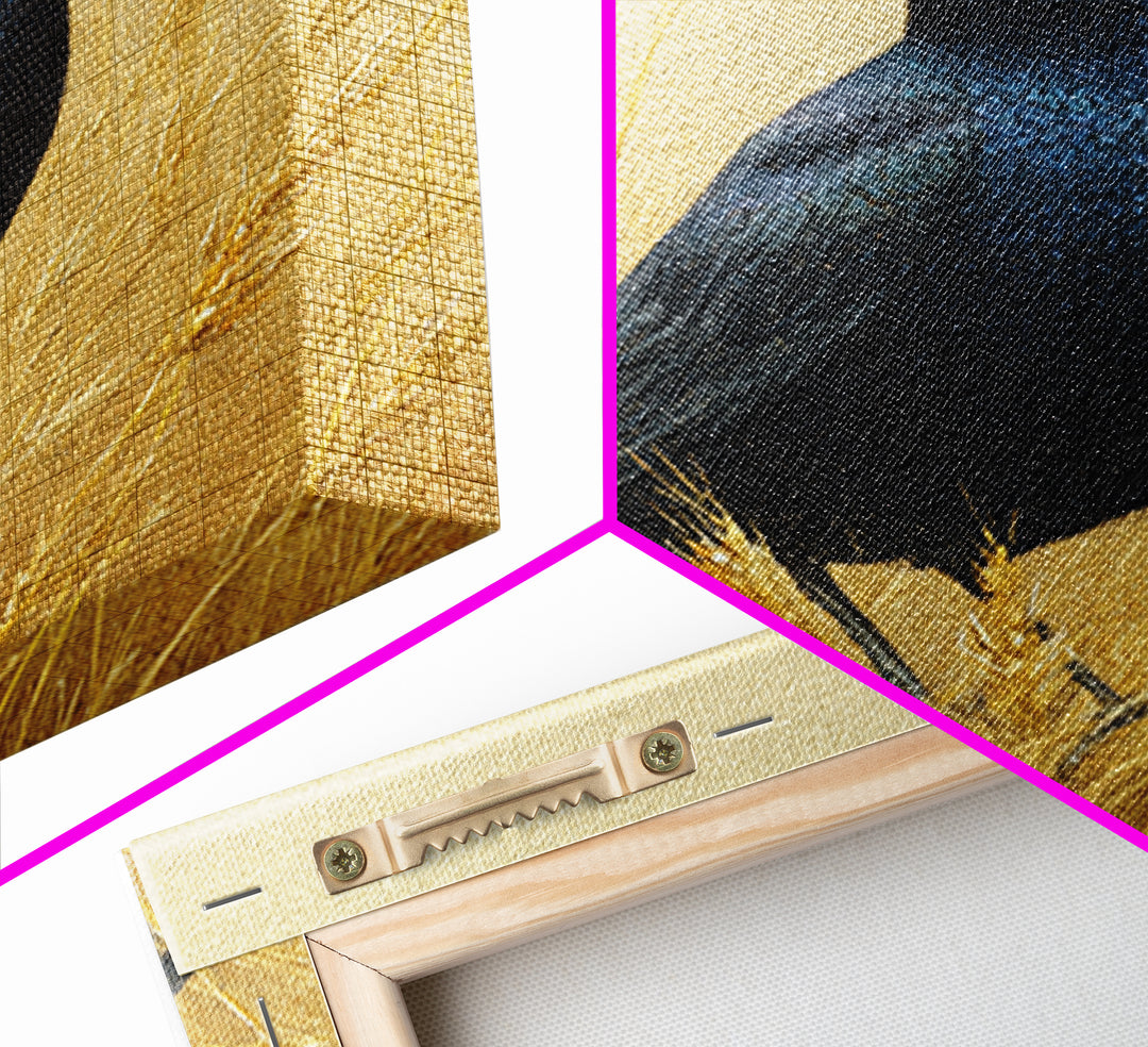 Blackbird on Gold Wheat Field Framed Canvas Print, Bird Art, Wall Decor, Living Room Decor, Fine Art, Flight, Boho Wall Decor, BIR-1x1-48