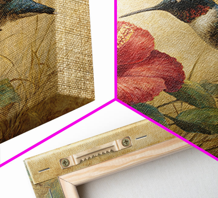 Hummingbird Hovering Beside Bright Hibiscus Framed Canvas Print, Bird Art, Gallery Wall, Living Room Decor, Fine Art, Flight, BIR-1x1-52