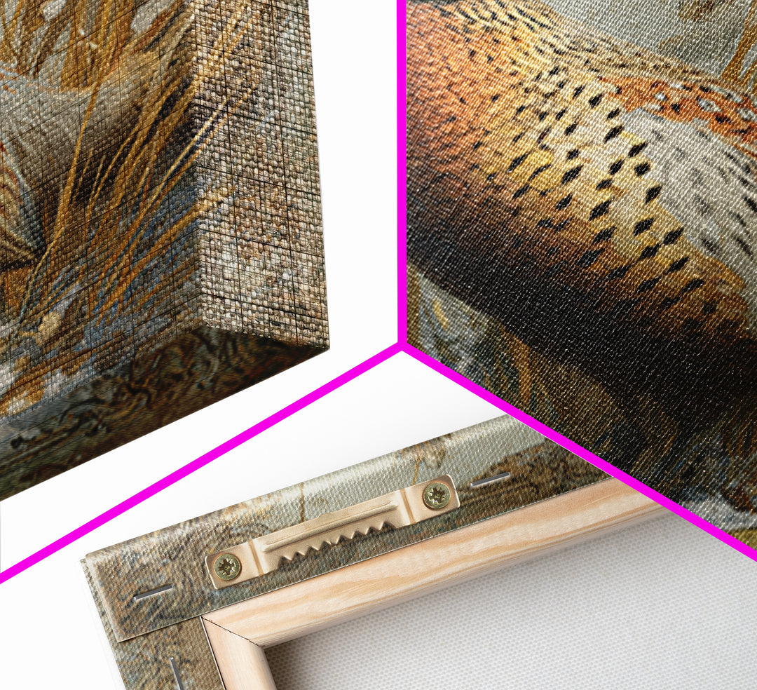 Pheasant with Ornate Feather Details Framed Canvas Print, Bird Art, Gallery Decor, Living Room Decor, Fine Art, Flight, BIR-1x1-67