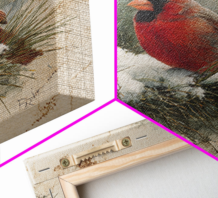 Red Cardinal on Snowy Pine Branch Framed Canvas Print, Bird Art, Art Print, Living Room Decor, Fine Art, Flight, Original Art, BIR-1x1-73