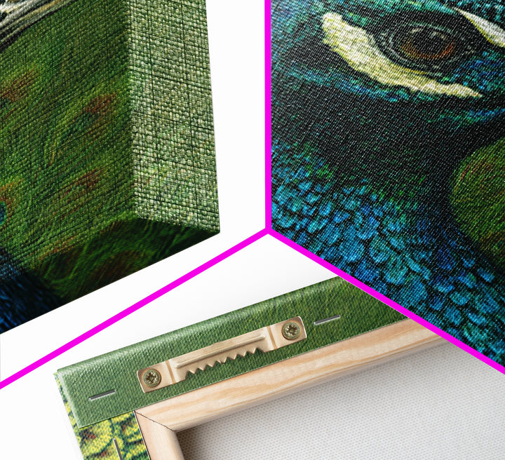 Peacock with Jewel Tone Feather Pattern Framed Canvas Print, Bird Art, Fine Art Print, Living Room Decor, Oil Painting, Flight, BIR-1x1-79