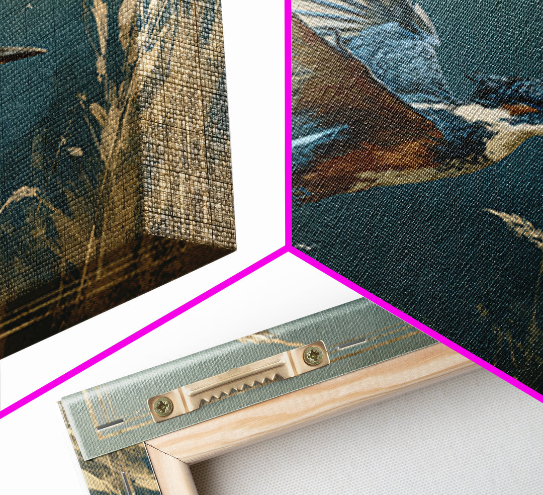 Kingfisher Diving Toward Blue Water Framed Canvas Print, Bird Art, Statement Artwork, Living Room Decor, Fine Art, Flight, BIR-1x1-83