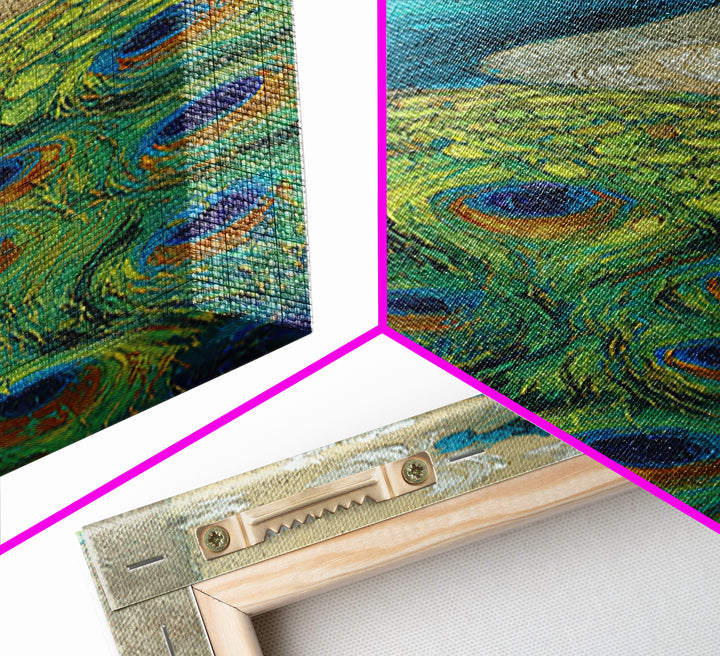 Peacock with Jewel Tone Feather Pattern Framed Canvas Print, Bird Art, Wall Decor, Living Room Decor, Fine Art, Flight, BIR-1x3-19