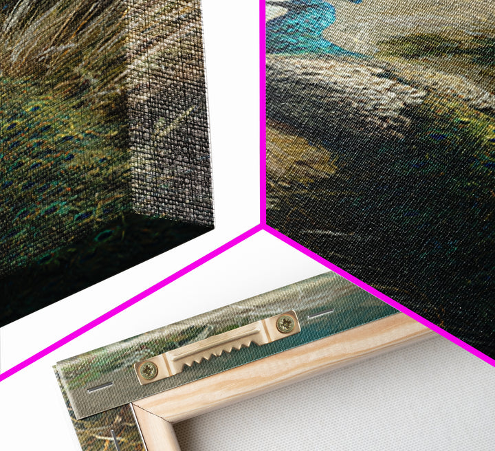 Peacock with Jewel Tone Feather Pattern Canvas Print, Bird Art, Digital Print, Living Room Decor, Fine Art, Flight, Bird Prints, BIR-1x3-43
