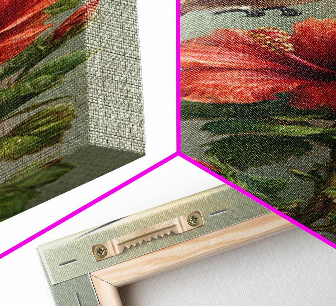 Hummingbird Hovering Beside Bright Hibiscus Canvas Print, Bird Art, Living Room Decor, Fine Art, Flight, Rustic Home Decor, BIR-1x3-88