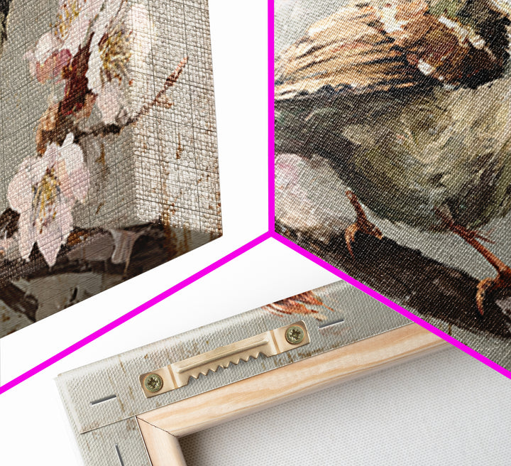 Songbird Perched on Cherry Blossoms Framed Canvas Print, Bird Art, Mid Century Wall Art, Living Room Decor, Fine Art, Flight, BIR-2x1-100