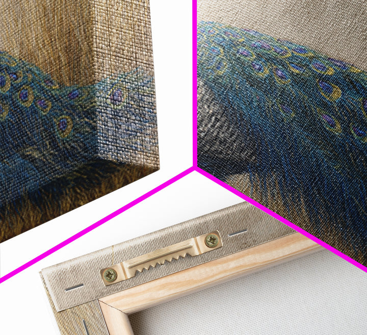 Peacock with Jewel Tone Feather Pattern Framed Canvas Print, Bird Art, Fine Art Print, Living Room Decor, Oil Painting, Flight, BIR-2x1-27
