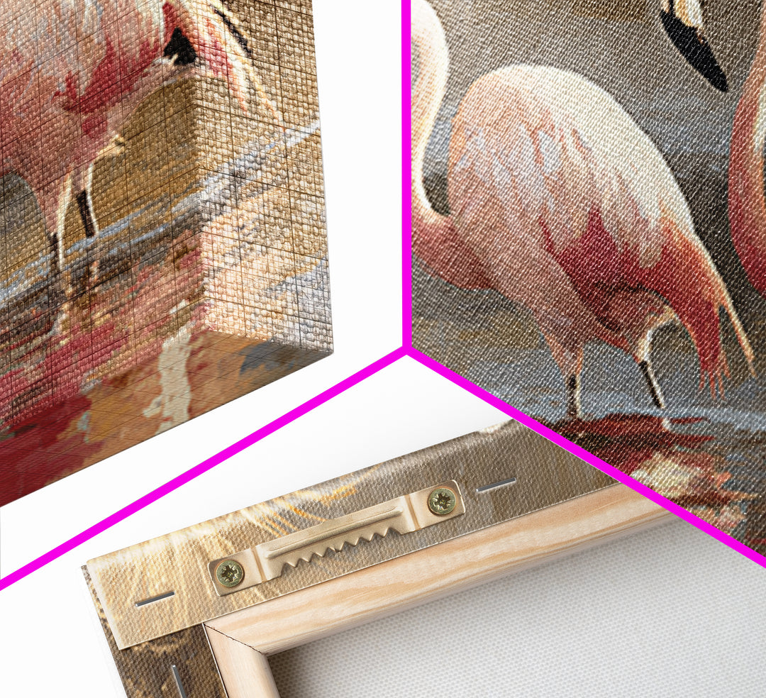 Flamingo Pair in Coral Water Reflections Framed Canvas Print, Bird Art, Luxury Decor, Living Room Decor, Fine Art, Flight, BIR-2x1-30