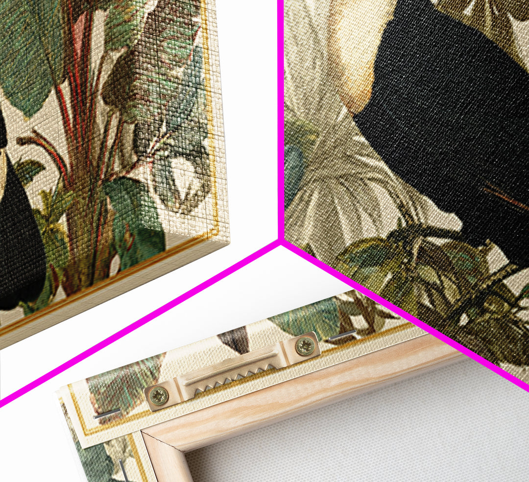 Toucan Framed by Bold Jungle Foliage Framed Canvas Print, Bird Art, Mid Century Modern, Living Room Decor, Fine Art, Flight, BIR-2x1-43