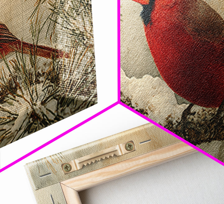 Red Cardinal on Snowy Pine Branch Framed Canvas Print, Bird Art, Art Deco, Living Room Decor, Oil Painting, Flight, BIR-2x1-45