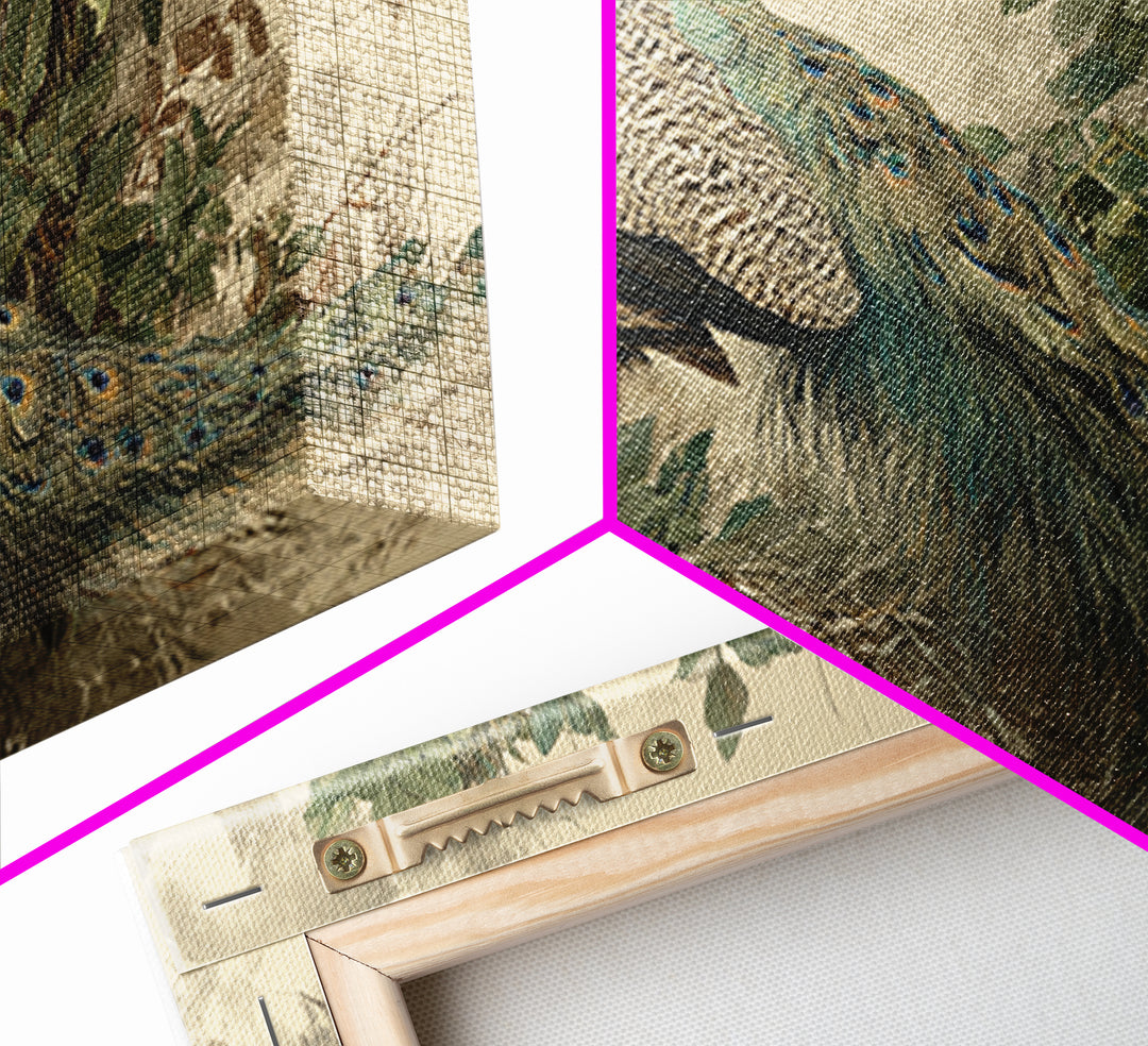 Peacock with Jewel Tone Feather Pattern Framed Canvas Print, Bird Art, Japanese Wall Art, Living Room Decor, Watercolor Art, BIR-2x1-51