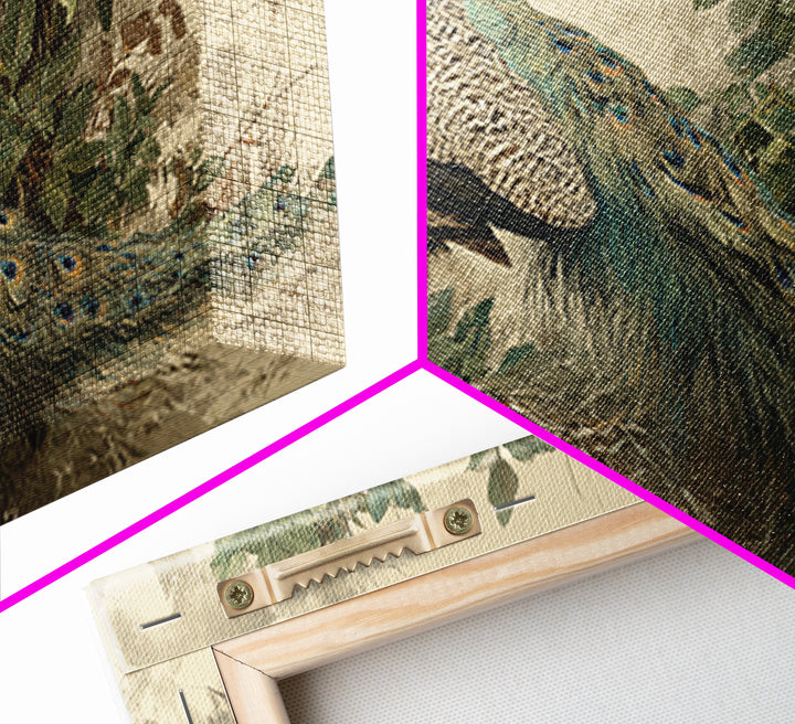 Peacock with Jewel Tone Feather Pattern Framed Canvas Print, Bird Art, Japanese Wall Art, Living Room Decor, Watercolor Art, BIR-2x1-51