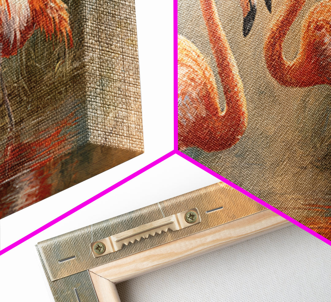 Flamingo Pair in Coral Water Reflections Canvas Print, Bird Art, Contemporary Art, Living Room Decor, Fine Art, Flight, BIR-2x1-54