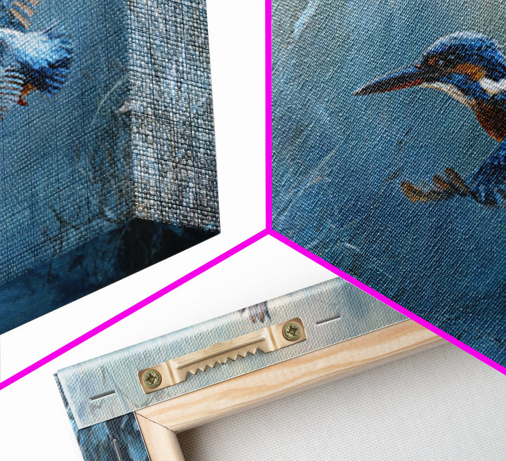 Kingfisher Diving Toward Blue Water Framed Canvas Print, Bird Art, Modern Wall Art, Living Room Decor, Fine Art, Flight, BIR-2x1-55