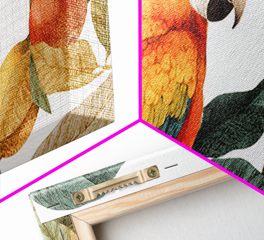 Parrot Among Tropical Leaves and Fruit Canvas Print, Bird Art, Digital Prints, Living Room Decor, Fine Art, Flight, Modern Art, BIR-2x1-57