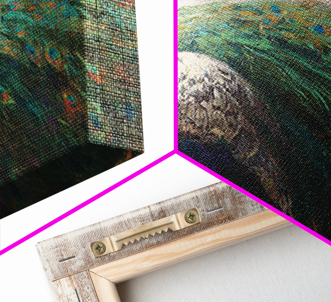 Peacock with Jewel Tone Feather Pattern Framed Canvas Print, Bird Art, Boho Decor, Living Room Decor, Fine Art, Flight, BIR-2x1-75