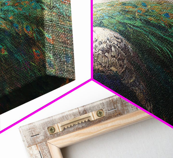 Peacock with Jewel Tone Feather Pattern Framed Canvas Print, Bird Art, Boho Decor, Living Room Decor, Fine Art, Flight, BIR-2x1-75