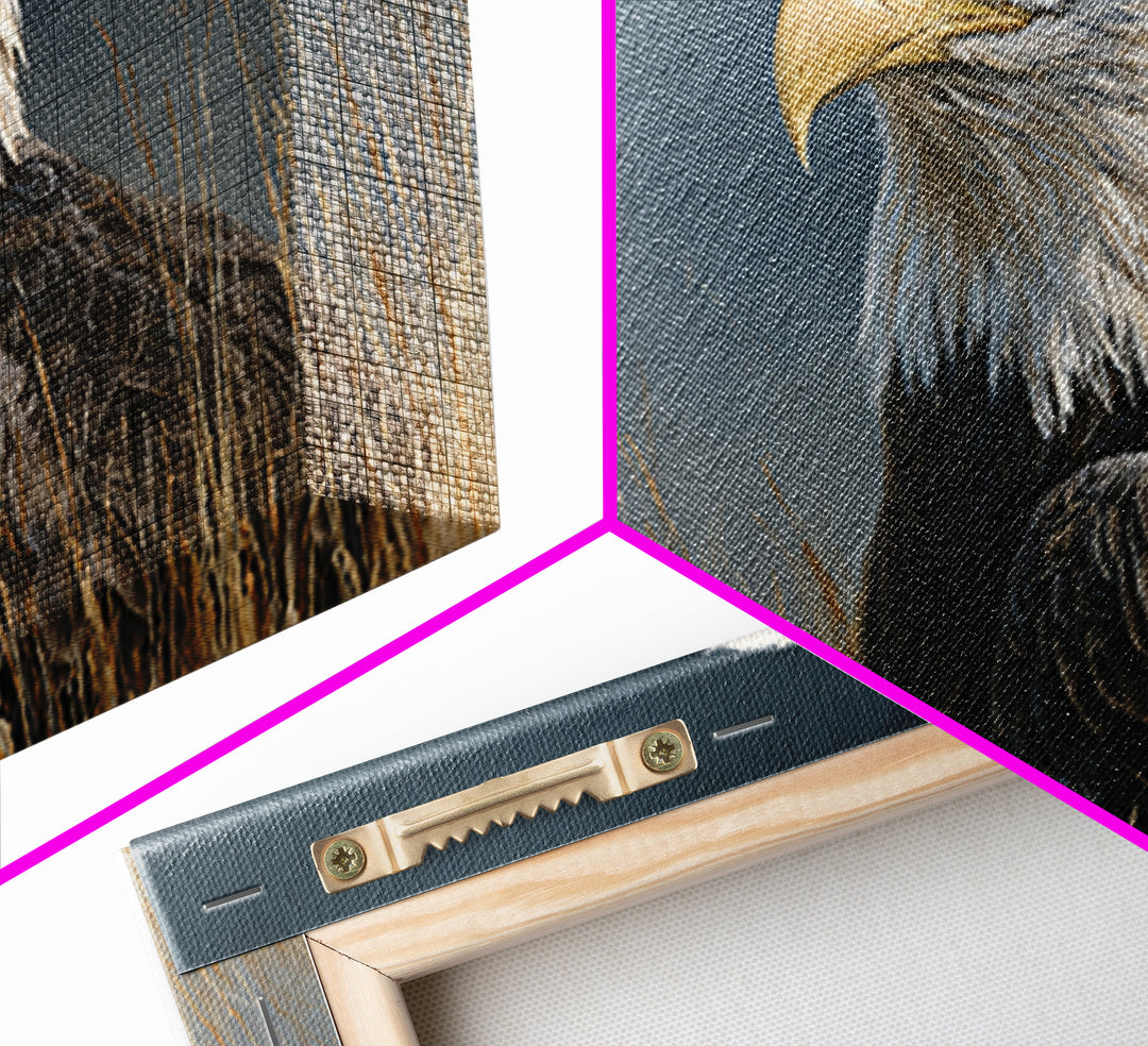 Eagle Portrait with Dramatic Mountain Wind Framed Canvas Print, Bird Art, Modern Art, Living Room Decor, Fine Art, Flight, BIR-2x1-80