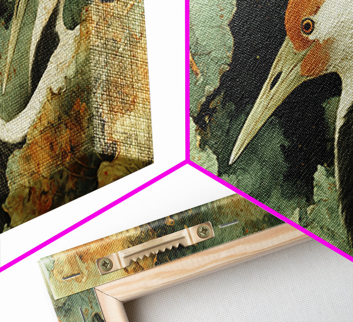 Crane and Lotus Composition Framed Canvas Print, Bird Art, Farmhouse Decor, Living Room Decor, Flight, Digital Download Art, BIR-2x1-85