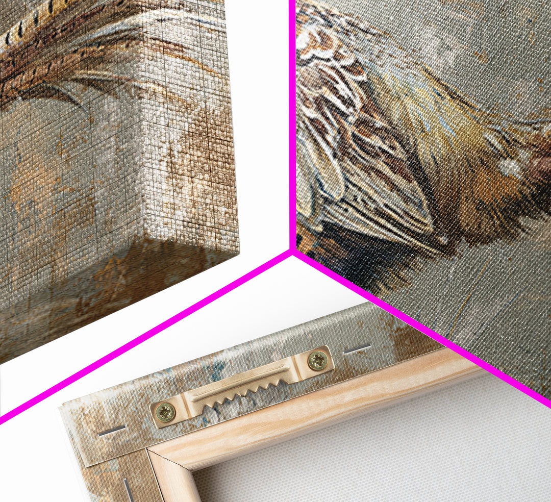 Pheasant with Ornate Feather Details Framed Canvas Print, Bird Art, Mid Century Wall Art, Living Room Decor, Fine Art, Flight, BIR-2x1-87