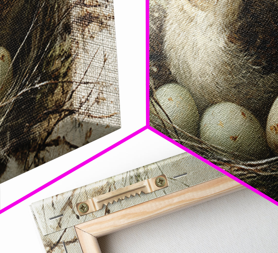 Bird Nest with Eggs and Delicate Twigs Framed Canvas Print, Bird Art, Wall Decor, Living Room Decor, Oil Painting, Flight, BIR-2x1-90