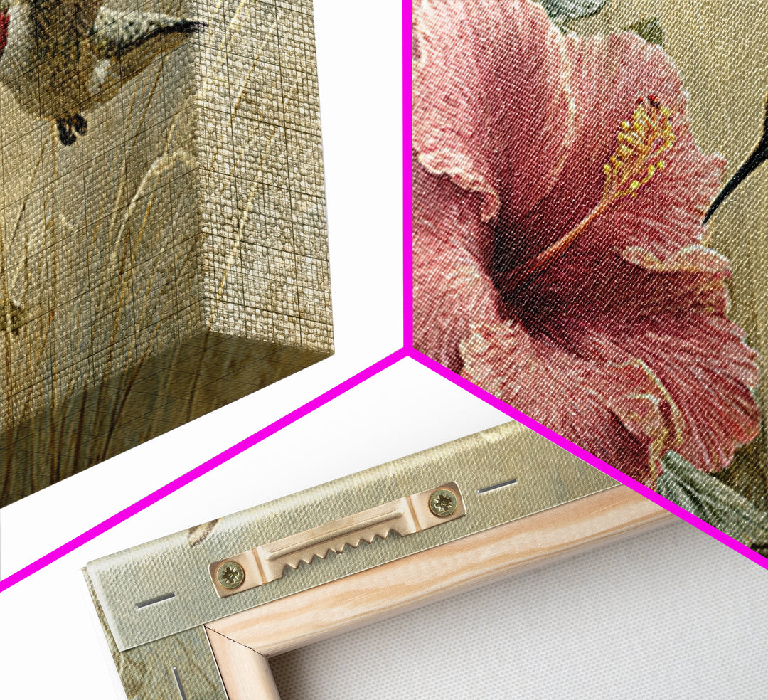 Hummingbird Hovering Beside Bright Hibiscus Framed Canvas Print, Bird Art, Bird Prints, Living Room Decor, Oil Painting, Flight, BIR-2x1-96