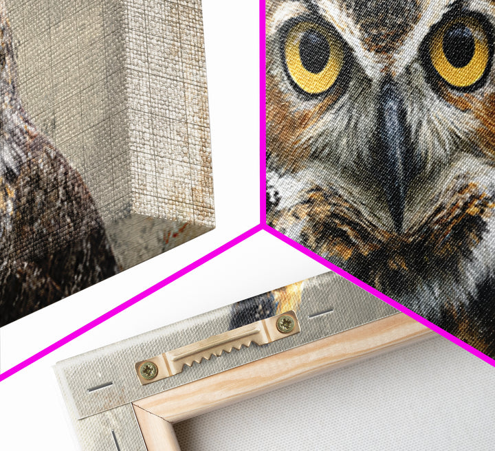 Owl Portrait with Wise Golden Eyes Framed Canvas Print, Bird Art, Japanese Wall Art, Living Room Decor, Oil Painting, Flight, BIR-2x1-97