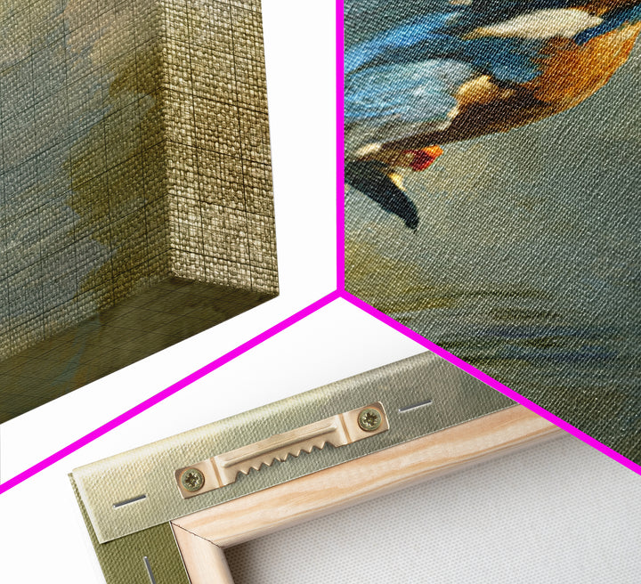 Kingfisher Diving Toward Blue Water Framed Canvas Print, Bird Art, Neutral Decor, Living Room Decor, Fine Art, Flight, BIR-2x3-19